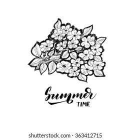 Summer time card. Hand drawn floral elements. Isolated on white background. Hand drawing artistic poster for summer time.