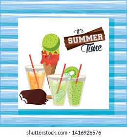 Summer time card with ice cremas and refreshment drinks cartoons vector illustration graphic design