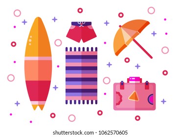 Summer time card with the summer items, swim shorts, surfboard, umbrells, suitcase, beach towel. Funny card. Vector flat design. 