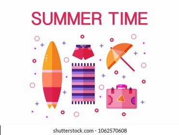 Summer time card with the summer items, swim shorts, surfboard, umbrells, suitcase, beach towel. Funny card. Vector flat design. 