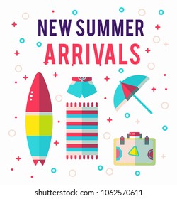 Summer time card with the summer items, swim shorts, surfboard, umbrells, suitcase, beach towel. Funny card. Vector flat design. 