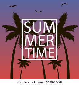 Summer time - card with palm trees, gull and frame. Background for banner, poster,  postcard, cover, brochure. Vector illustration.