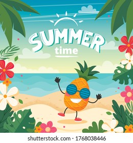 Summer time card with pineapple character, beach landscape, lettering and floral frame. Vector illustration in flat style