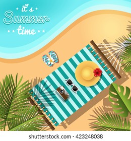 It's Summer time card. Poster with a hammock on the beach surrounded by palm leaves. Sea waves and sand. Flat lay design. Vector postcard can be used for layout, advertising and web. 