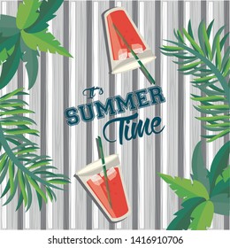 Summer time card and poster with refreshment drinks and tr leaves on wooden background vector illustration
