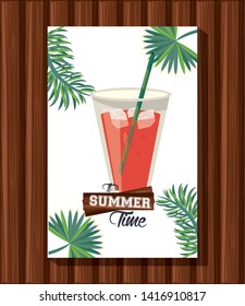 Summer time card and poster with refreshment drink on wooden background vector illustration