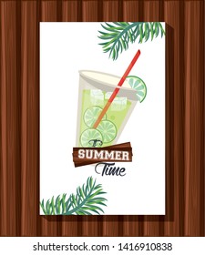 Summer time card and poster with refreshment drink on wooden background vector illustration