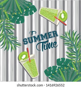 Summer time card and poster with refreshment drinks and tr leaves on wooden background vector illustration