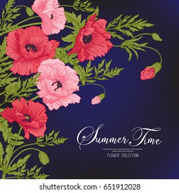 Summer time card with red and pink poppies on black background. Stock line vector illustration.