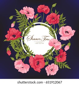 Summer time card with red and pink poppies on black background. Stock line vector illustration.