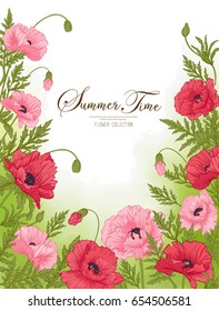 Summer time card with red and pink poppy on green watercolor bac