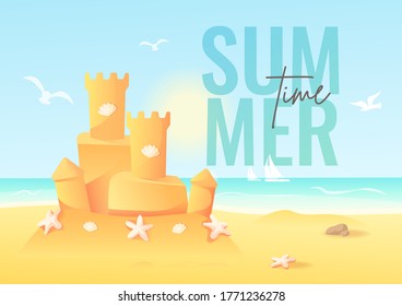 Summer time card with sand castle on the beach. Vector illustration for card, banner, poster, postcard, cover.