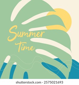 Summer Time card with sea, palm leaf and sun, poster flyer in pastel colors, handwritten lettering.