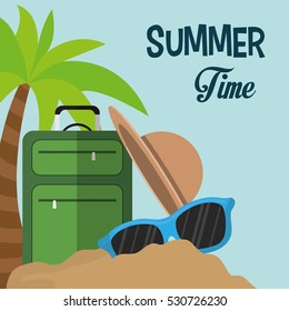 summer time card suitcase hat sunglasses sand palm vector illustration eps 10