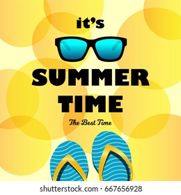 Summer Time Card with Sunglasses and Flip Flops. Vector Illustration. Design element for greeting cards, posters and print invitations.Summer design element