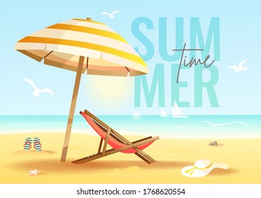 Summer time card with sunshade, chaise lounge, flip flops and hat on the beach. Vector illustration for card, banner, poster, postcard, cover.