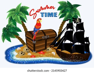 Summer time  card, tropical island with treasure chest and pirate macaw parrot , vector illustration