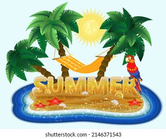 Summer time card with tropical island and  macaw parrot , vector illustration	