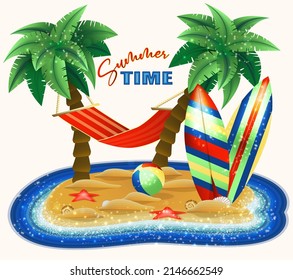 Summer time card, tropical island with surfboards on the beach , vector illustration