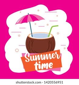 Summer time card with vacation and beach colorful cartoons vector editable image