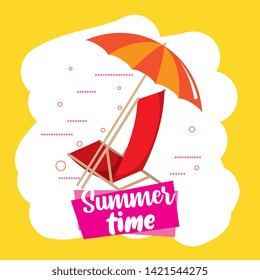 Summer time card with vacation and beach colorful cartoons vector editable image