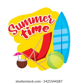 Summer time card with vacation and beach colorful cartoons vector editable image
