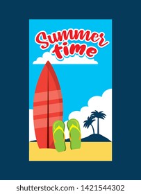 Summer time card with vacation and beach colorful cartoons vector editable image