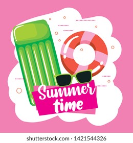 Summer time card with vacation and beach colorful cartoons vector editable image