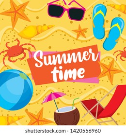 Summer time card with vacation cartoons in beachscape scenery vector editable image