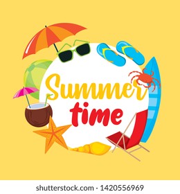 Summer time card with vacation cartoons in beachscape scenery vector editable image