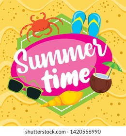 Summer time card with vacation cartoons in beachscape scenery. vector editable image