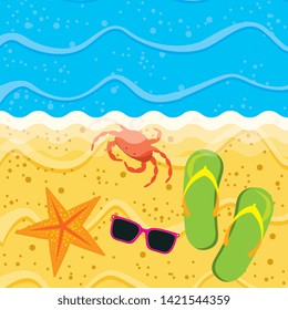 Summer time card with vacation cartoons in beachscape scenery vector editable image