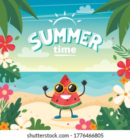 Summer time card with watermelon character, beach landscape, lettering and floral frame. Vector illustration in flat style