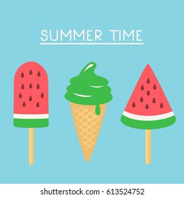 Summer time card. Watermelon popsicle and ice cream icons. Vector Set.