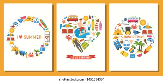 Summer time cards with beach icons stylized in shapes of travel suitcase, heart and circle. I love summer holidays t-shirt print patterns with sea beach vacation and surfing activity elements.
