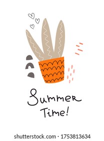 summer time. cartoon cacti, hand drawing lettering, decor elements. Summer colorful vector illustration, flat style. design for cards, print, posters, logo, cover