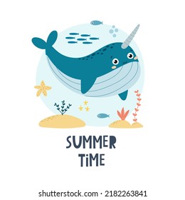 Summer time. cartoon narwhal, fish, hand drawing lettering. colorful vector illustration, flat style. Baby design for cards, print, posters, logo, cover