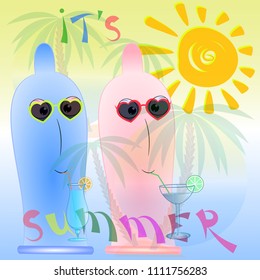 summer time cartoon poster with two condoms on the beach. condom cartoon vector illustration. hello summer vector illustration. palm trees and sea vector illustration.
