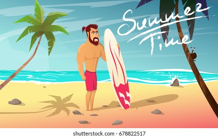 Summer time cartoon vector illustration.Surfer with surfing board stands on beach. Vacation on coast