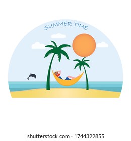 Hora de verano. tumbarse entre palmeras, una chica en un salón de descanso junto al mar. Ilustración del vector EPS 10