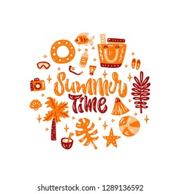 Summer time. Circle banner concept. Lettering with cliparts
