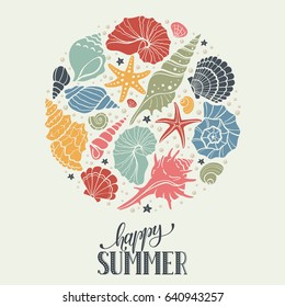 Summer time circle banner. Hand drawn sea shells and stars collection. Marine illustration of ocean shellfish. Colorful seashells arranged in circle shape isolated on light background.