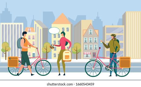Summer Time City Life, Eco Transport. Young Men Driving Bicycle, Woman Holding Backpack and Bike Helmet on Street. Outdoors Activity, Dweller Lifestyle in Megapolis. Cartoon Flat Vector Illustration