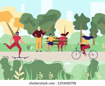 Summer Time in City Park Flat Vector Concept with People Riding Bicycle, Goes on Skateboard, Sitting on Bench and Talking While Meeting with Friends Illustration. Outdoors Activity, Healthy Lifestyle