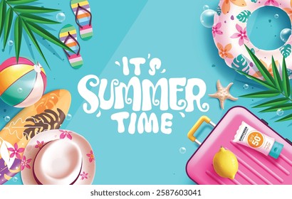 Summer time clipart banner design. Summer time greeting text in blue tropical background for holiday vacation with floaters, luggage bag, surfboard, beach ball and hat elements clip art vector