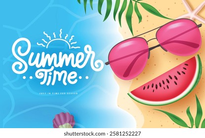 Summer time clipart design. Summer time text with sunglasses and watermelon tropical elements clip art for holiday outdoor travel vacation vector illustration.