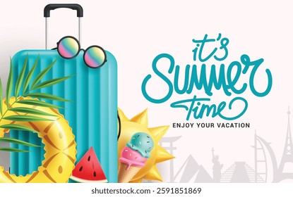 Summer time clipart design. Summer travel vacation clip art with luggage, floaters and sun tropical elements for international destination vector illustration.  