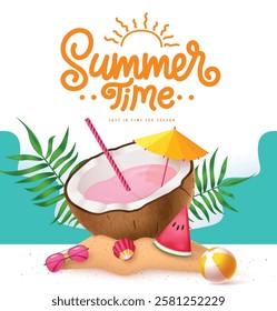 Summer time clipart poster design. Summer time text with tropical fruit elements like coconut juice clip art for holiday vacation beach island background vector illustration.