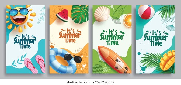 Summer time clipart poster set. Summer time greeting in colorful abstract background clip art with sun, floaters, surfboard and mango tropical elements for postcard template vector illustration.