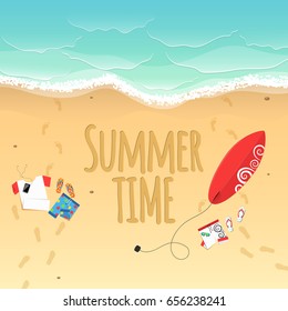 Summer time. Clothes and accessories lie on the seashore. Top view of the beach. Board for surfing red. Text on the sand. Vector illustration. EPS 10